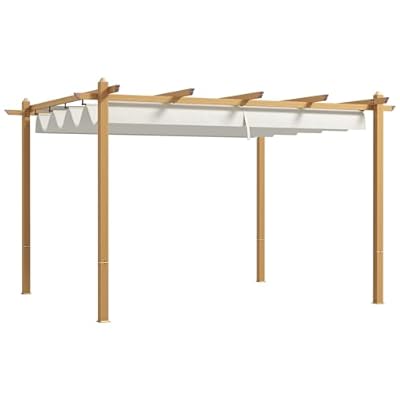 Outsunny 10' x 12' Retractable Pergola Canopy, Wood Grain Aluminum Pergola, Outdoor Sun Shade Shelter for Grill, Garden, Patio, Backyard, Deck, Cream White