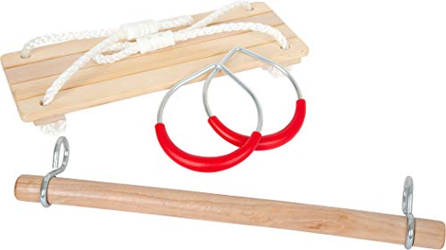 Small Foot Schaukel-Set 3 in 1, mit Brettschaukel, Holztrapez und Metallturnringen, für Kinder ab 3 Jahren, 11908, Rot