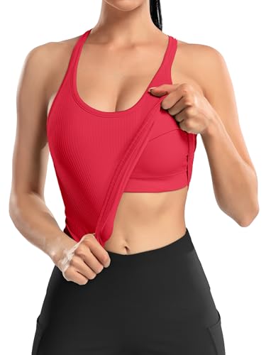 Image of ATTRACO Ribflex Ribbed Workout Crop Tops with Built in Bra for Women Yoga Racerback Tank Top Slim Fit