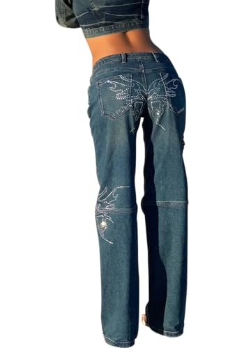 Women’s Low Rise y2k Jeans Baggy Butterfly Diamond Straight Wide Leg Vintage Denim Pants Fashion Streetwear