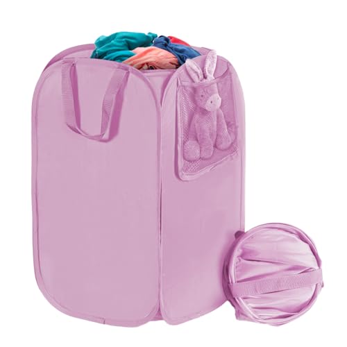 Image of Polyester Strong Mesh Pop-up Laundry Hamper, Quality Pop Up Hampers for Laundry with Durable Handles Solid Bottom High Carbon Steel Frame, Easy to Open and Fold Flat for Storage(Light Pink)