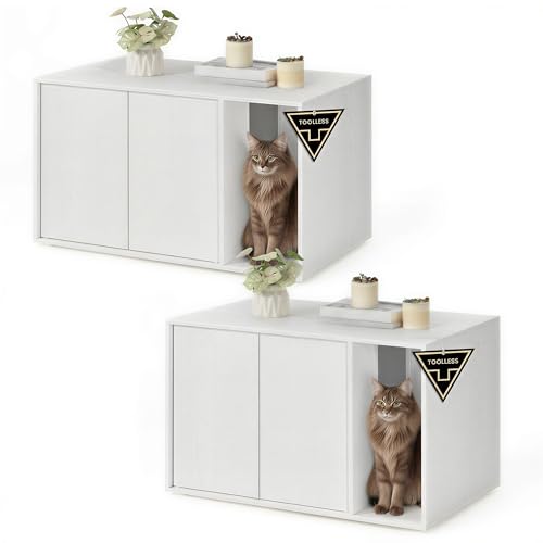 SONGMICS Home Cat Litter Box Enclosure, Superfast Toolless Assembly, Cat House for Large Cats, Display Side Table, Push-to-Open Doors, Minimalist Modern, Set of 2, Snow White UPCL013W01-2J