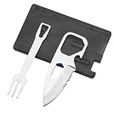 Ouliget Pocket Credit Knife and Fork Ultra thin Camping Utensils,Stainless Steel Outdoor Survival Multipurpose Tool with Measuring Ruler Bottle Opener,4 in 1 Tool Kit Pocket Tools