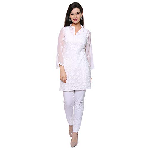 Women's White Georgette Medium Length Kurti with fine Matching Color lakhnawi aari Work Embroidery All Over on Front. Kurti with Matching Stole