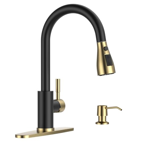 APPASO Black and Gold Kitchen Faucet, CUPC-Certified Hoses, Lead-Free Sink Faucets with Soap...