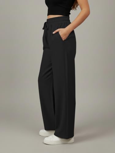 Image of Leriya Fashion Women Relaxed Fit Wide Leg Trousers | Malai Cottage Elastic Drawstring Wide Leg Pants for Women | Casual Straight Lounge Pants with Pockets | Stylish Everyday Office Outfit Bottom Pant