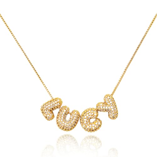 18K Gold Plated Custom Bubble Name Necklace with Cubic Zirconia - Personalized Rhinestone Bubble Letter Name Necklace for Women - Sparkling Name Bubble Necklace Jewelry for Her