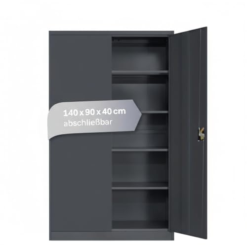 LagerZwei Mehrzweckschrank 140x90x40cm I Büroschrank mit 4 Fachböden I Aktenschrank anthrazit, abschließbar I Allzweckschrank – Möbel für Arbeitszimmer I Praktischer Metallschrank I Werkstattschrank