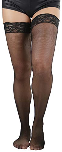 Image of ToBeInStyle Women's Wide Floral Lace Fishnet Thigh Hi Stockings