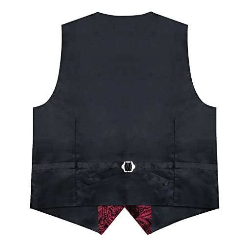 Dibangu Men's Red Paisley Dress Vest And Tie Set With Tie Clip Lapel Pin Pocket Square Cufflinks Silk Black And Burgundy Suit Waistcoat For Suit Or Tuxedo Wedding Party #TOP6