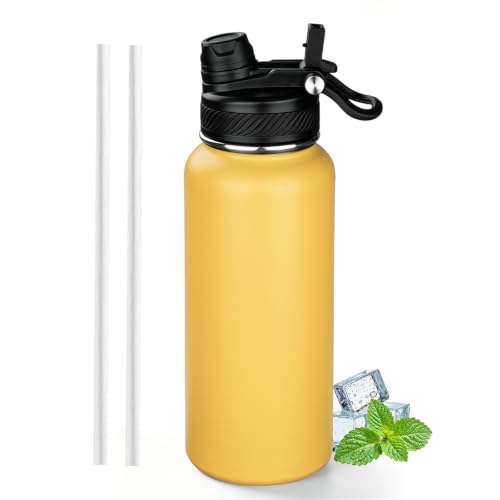 Image of 32 oz Insulated Water Bottle with Leak-proof 2-in-1 Straw and Spout Lid,Stainless Steel Sports Water Bottle with Handle,Double Wall Vacuum Metal Water Flask for Travel Camping School(Yellow,1)