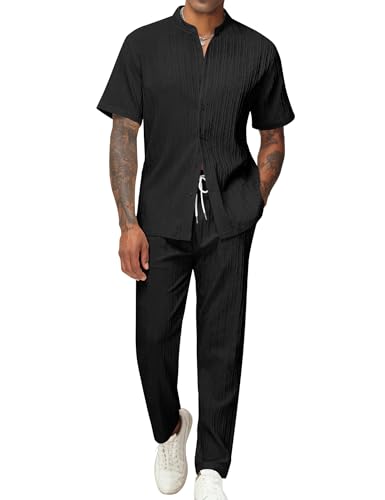 LecGee Mens 2 Piece Outfits Short Sleeve Button Down Textured Summer Shirts and Fashion Solid Loose Pants Set(Black,3X-Large)
