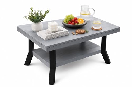 Image of Royal - Foldable Plastic Coffee Table with Storage Shelf | Center Table for Living Room | Tea Table | Furniture for Home & Office | 82.5 x 52.5 x 42.5 CM | Desert Colour (Grey)