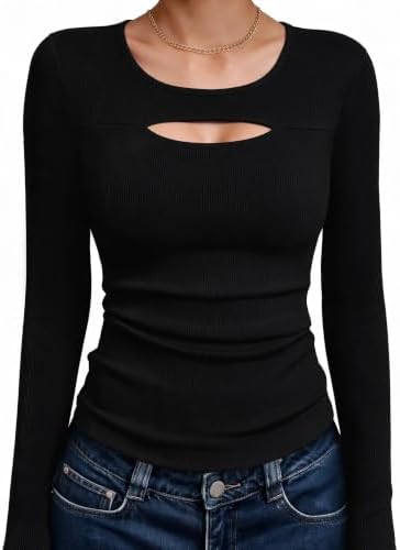 Aottori Langarmshirt Damen Cut Out Rundhals Gerippt Stretch | Oberteile, Elegant, Pullover, Slim Fit, Basic Tops, Sexy, Casual, Einfarbig, Alltag, Frühling, Herbst