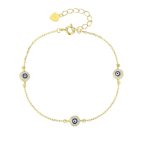 MYSTIC JEWELS - Pulsera Ojo Turco de Plata 925 Chapada en Oro, 3 Mini Evil Eye Amuletos con Circonitas, Cadena Ajustable 16+3 cm, Joyería de Protección