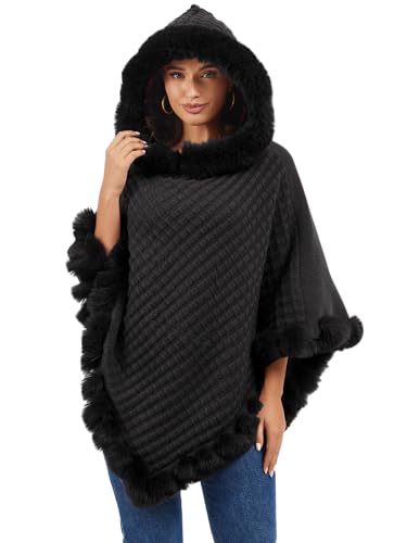 Rayson Damen Poncho Winter Warme Cape mit Kapuze Eleganz Kunstpelz Pullover Strickponcho(Schwarz)