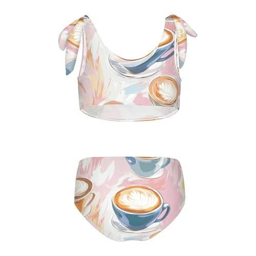 Coffee Cups Girl 2 Piece Kids Bikini Set Scoop Neck Swimsuits Swimwear Cute Shoulder Strap2