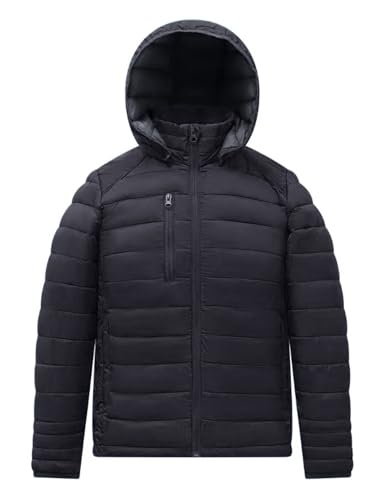 fit space Chaqueta clásica acolchada para niña y niño, chaqueta de plumón sintético, ligera, cálida para invierno, acolchada, capucha con cremallera, Negro -, 12- 14 años