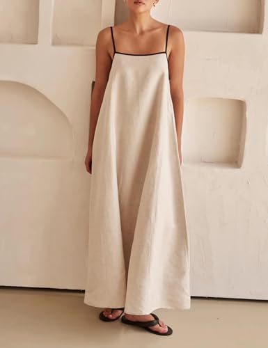 Image of Womens Summer Linen Maxi Dress Contrast Trim Spaghetti Straps Backless Sleeveless Long Flowy Dresses