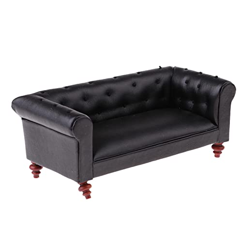 Baoblaze European 2th Leather Long Sofa Couch Dollhouse Living Room Model Display Ornaments Black
