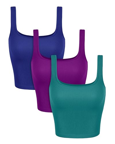 Image of ODODOS 3-Pack Seamless Square Neck Crop Tank for Women Ribbed Knit Soft Low Back Cropped Tops