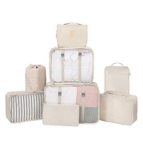 MissFox 8 Pieces Suitcase Organiser Set,Travel Clothes Bags, Waterproof Suitcase Organiser Packing Bags,Travel Organiser Bag, Travel Luggage Clothes Bag for Clothes/Cosmetics/Shoes/Cables