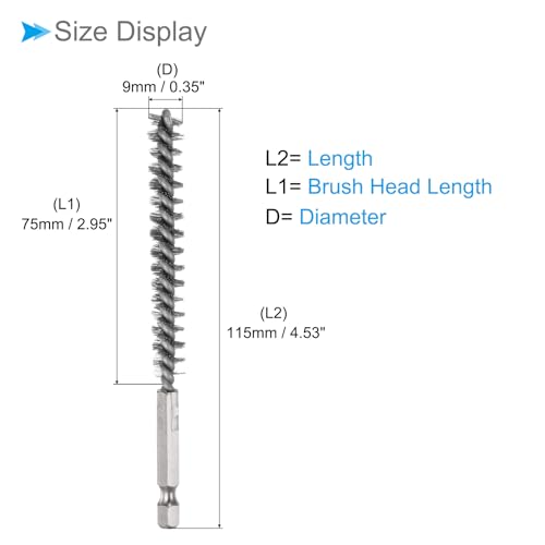 Image of Bore Brush, 9mm Dia 4.5 inch Length, Stainless Steel Cleaning Wire Brushes with 1 /4 Inch Hex Shank - (Applications: for Power Drill, Die Grinder), 5-Pieces