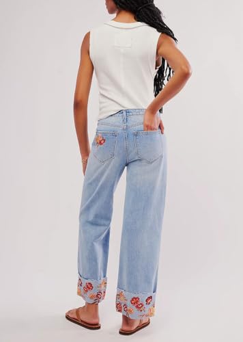 loveimgs Women Y2k Baggy Jeans Floral Embroidered Denim Pants High Waist Straight Wide Leg Ankle Pants Boho Chambray Pockets3