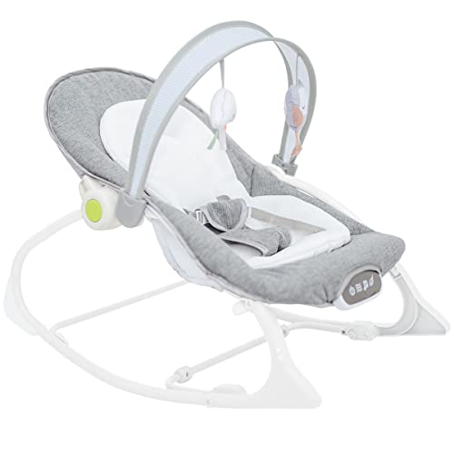 Olmitos - Hamaca bebé Mecedora Multifunción desde nacimiento – Columpio con Modo Fijo o Balancín, Vibración Relajante, Música y Barra de Juegos – Hasta 18 kg (Gris)