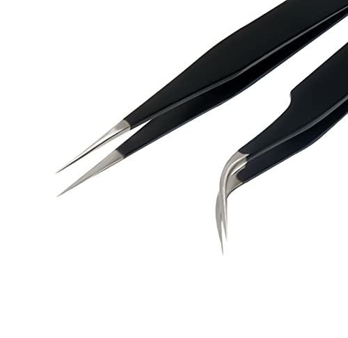 Image of SET OF 2 Precision black coated Stainless Steel Tweezers - Straight & Curved for Electronics, Jewelry-Making, Craft, Soldering, etc