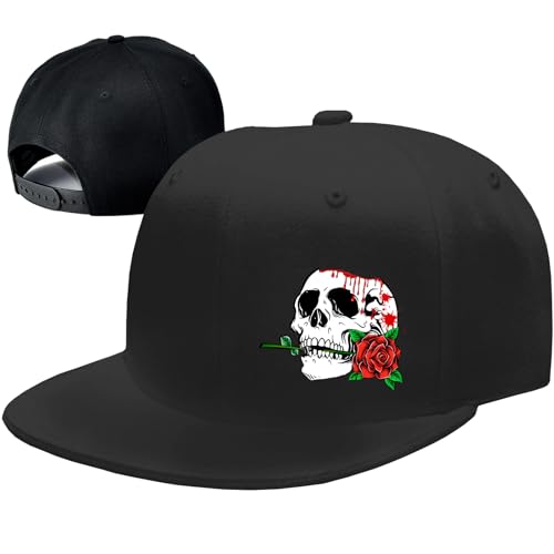 FACITE Snapback Hats for Men Black Skull Rose Hats Flat Bill Brim Hats for Men Skeleton Finger Fitted Baseball Adjustable Hip Hop Cool Caps Skateboard Hat for Boys Teen