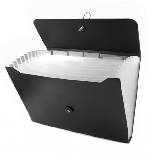 SKY-TOUCH A4 Expanding File Folder Organizer 13-Pocket Accordion File Holder with Hanging Strap Plastic Document Wallet for Paperwork Travel School Office and Home Black