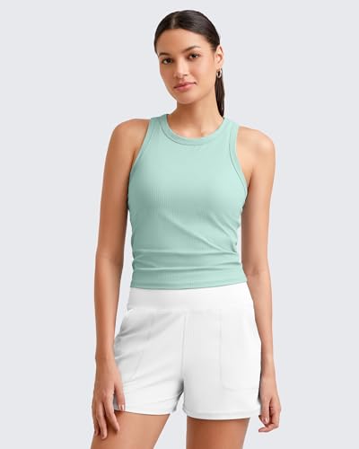 Image of G4Free Ribbed Women's Workout Tank Tops Slim Fitted Racerback Yoga Tanks | Quick Dry,High Stretch,Two choices: built in with bra or no bra,Waist Length,Sleeveless,Round Neck,for Casual or Workout