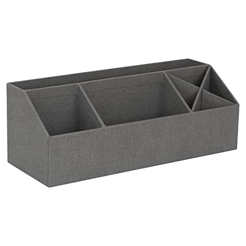 Bigso Box of Sweden Desk Storage Organiser with 4 Compartments - Stationery Storage for Notes, Paperclips, Pens etc. - Pen Holder Made of Fibreboard and Paper in Linen Look - Grey Cover