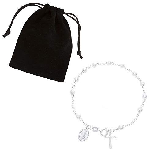 Sterling Silver Religious Miraculous Medal and Cross Charm 7 Inch 4mm Bead Chain Bracelet for Women3