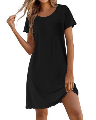 Ekouaer Nachthemd Damen Kurzarm Sleepshirt Kurz Sommer Nachtwäsche Schlafshirt Schlafkleid Schlafhemd Nightgown Weiches Nachtkleid Schwarz L