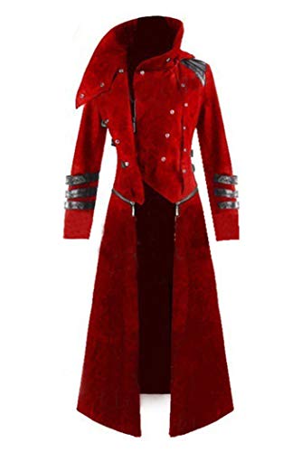 Mens Black Tailcoat Jacket Gothic Steampunk Victorian Halloween Costume Long Coat Men's Vintage Frock Uniform (XXXXX-L, Red)