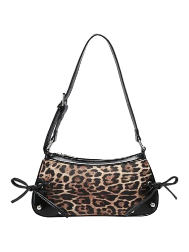 Image of QWINEE Women's Leopard Print Purse Y2k Cheetah Shoulder Bag Bow Studded Clutch Zipper Adjustable Strap Underarm Bag