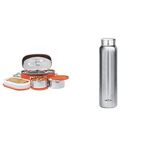 MILTON Executive Lunch Insulated Tiffin with 3 Leak-Proof Containers, Orange, Plastic/Stainless Steel,21 in & Aqua 1000 Single Walled Stainless Steel Fridge Water Bottle, 950ml, Silver Combo