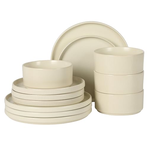 Image of Gibson Elite Avant-Garde 12 Piece Stoneware Dinnerware Set for 4, Linen White Plates and Bowls Set with Reactive Glaze, Includes Dinner Plates, Salad Plates and Bowls