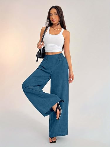 Image of Sugathari Women's Casual Wide Leg Pants - High Waist Elastic Waistband Loose Fit Long Trousers | Lightweight Straight Leg Summer PantsTrouser 254