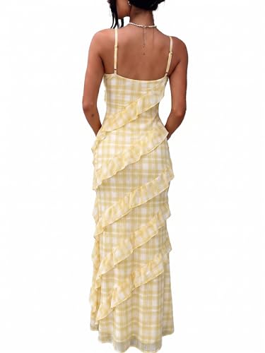 Image of HOCILLE Women's Sexy V Neck Backless Bodycon Spaghetti Strap Elegant Ruffle Maxi Cocktail Party Dresses