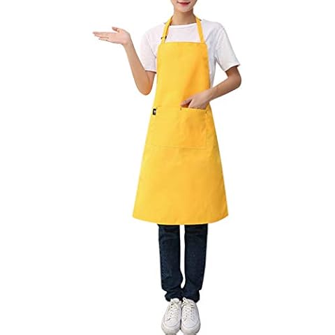Elonglin Kitchen Aprons with 2 Pockets Butcher Crafts Baking Kitchen Cooking BBQ Plain Apron (yellow) Cover
