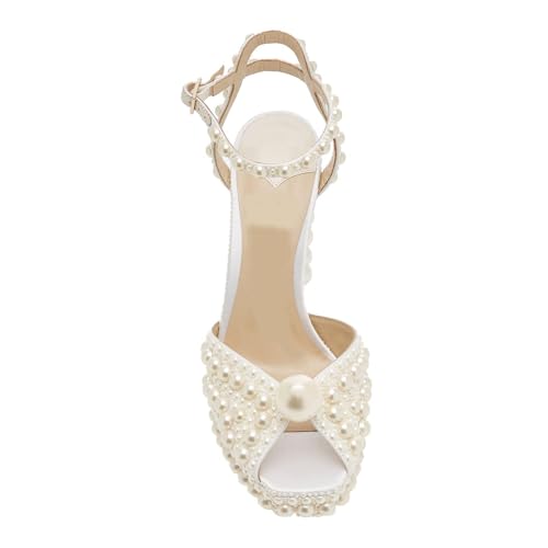 Image of Goolita Womens Open Toe Pearl Platform Heels For Women Chunky Buckle Ankle Strap Wedding Heeled Sandals Dress Evening Bride Bridal Shoes