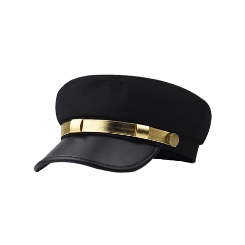 OHEETU Gorra clásica vintage de chofer, gorra de periódico, boina negra con visera dorada, unisex, para uso diario