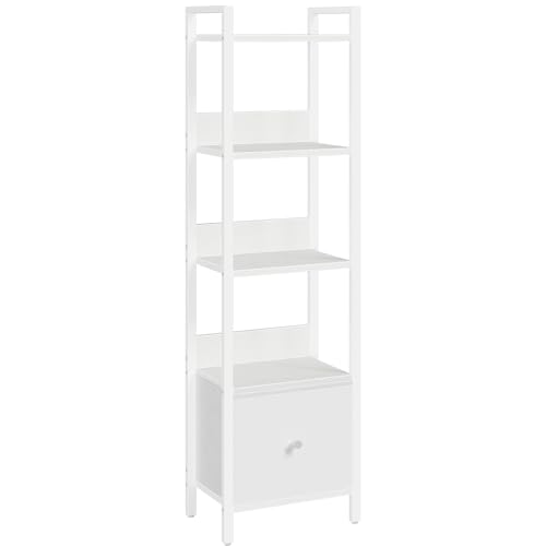 MAHANCRIS Bücherregal, Standregal mit Schublade, 33 x 24 x 131 cm, Bücherschrank mit 5 Ebenen, Freistehendes Bücherregal, für Wohnzimmer, Schlafzimmer, Büro, Weiß ABKWT55101
