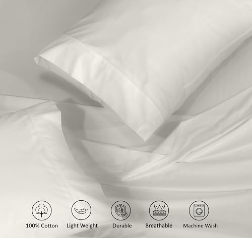 RUVANTI 100% Cotton Sheets Queen Size Set, 4 Pieces, Soft & Breathable Percale Weave Bedding, Deep Pocket 16", Hotel Standard, Crisp Cool Feeling, Durable, Perfect Dyed Bed Sheet, Ivory