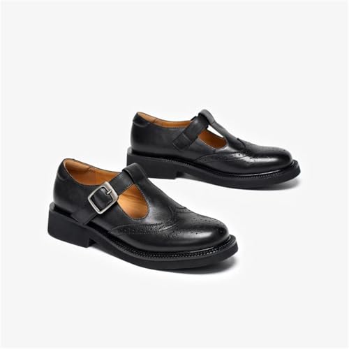 Women's Throwback-Inspired Calfskin Mary Janes - T-Strap Buckle Waxing Round Toe Flats4