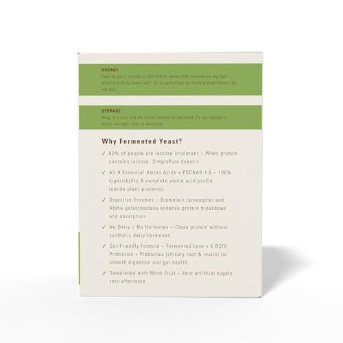 Image of SimplyPure Fermented Yeast Protein Powder - Matcha Chocolate | 288g (8 Sachets) | 24.3g Complete Protein | Muscle Recovery & Lean Muscle Support | Vegan Protein Powder for Gym, Workout & Fitness | PDCAAS 1.0 | Easy to Digest with Probiotics & Digestive Enzymes