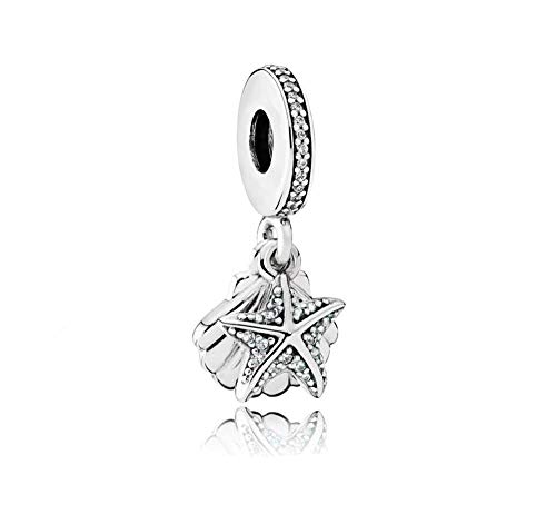 MiniJewelry Women Sea Shell Starfish Dangle Charm for Bracelets Tropical Island Ocean Sterling Silver Charm, April Birthstone, Crystal Clear CZ